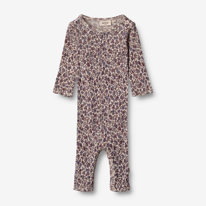 Wheat Wool   Jersey-Strampler aus Merinowolle gerafft | Baby Jumpsuits 1493 purple flowers