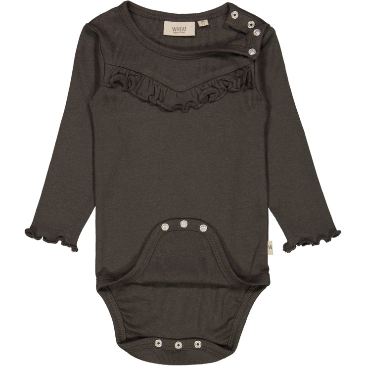 Wheat Rib Langarmbody mit Rüschen Underwear/Bodies 0033 black granite